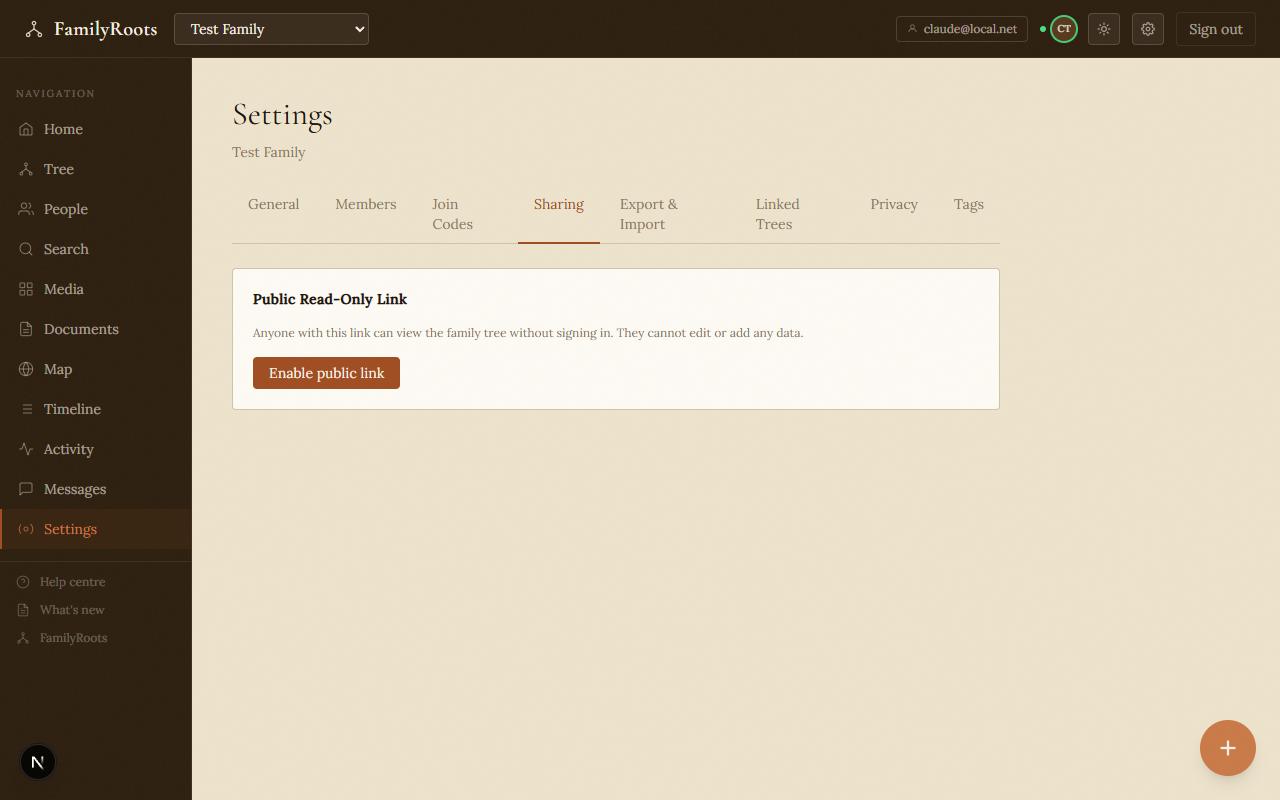 The Sharing settings tab with the public read-only link toggle.