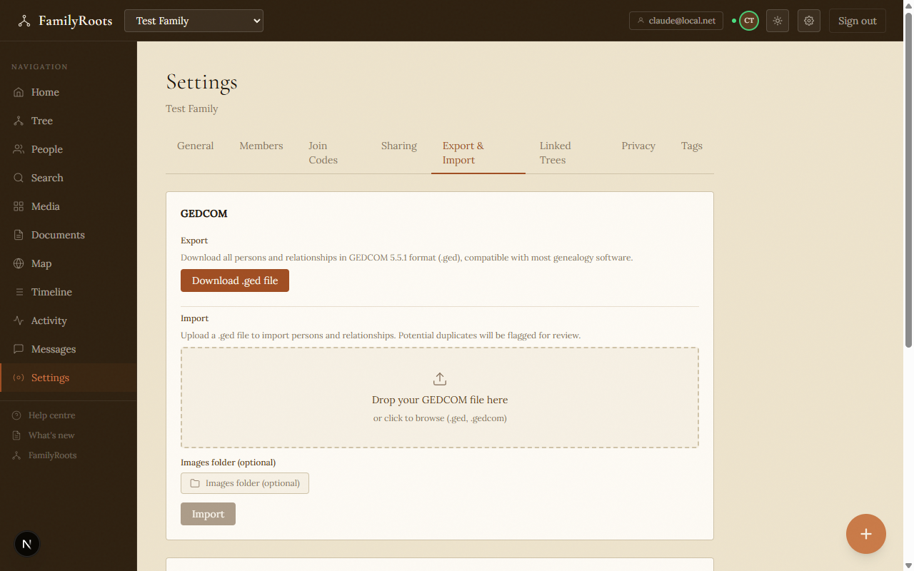 The Export & Import settings tab showing GEDCOM, PDF, and database export options.