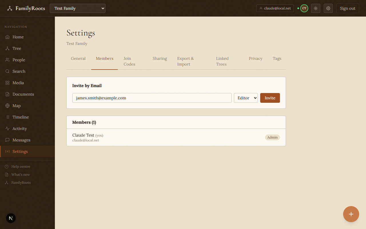 The Members settings tab with the invite by email form.