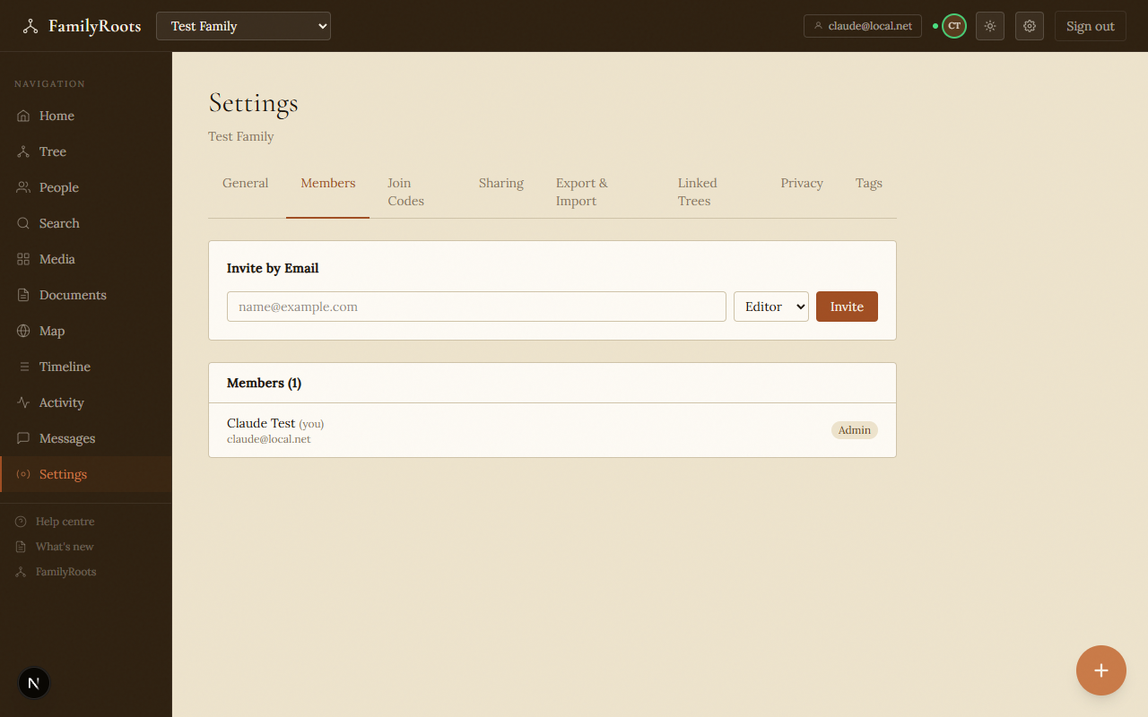 The Members settings tab showing current members and their roles.