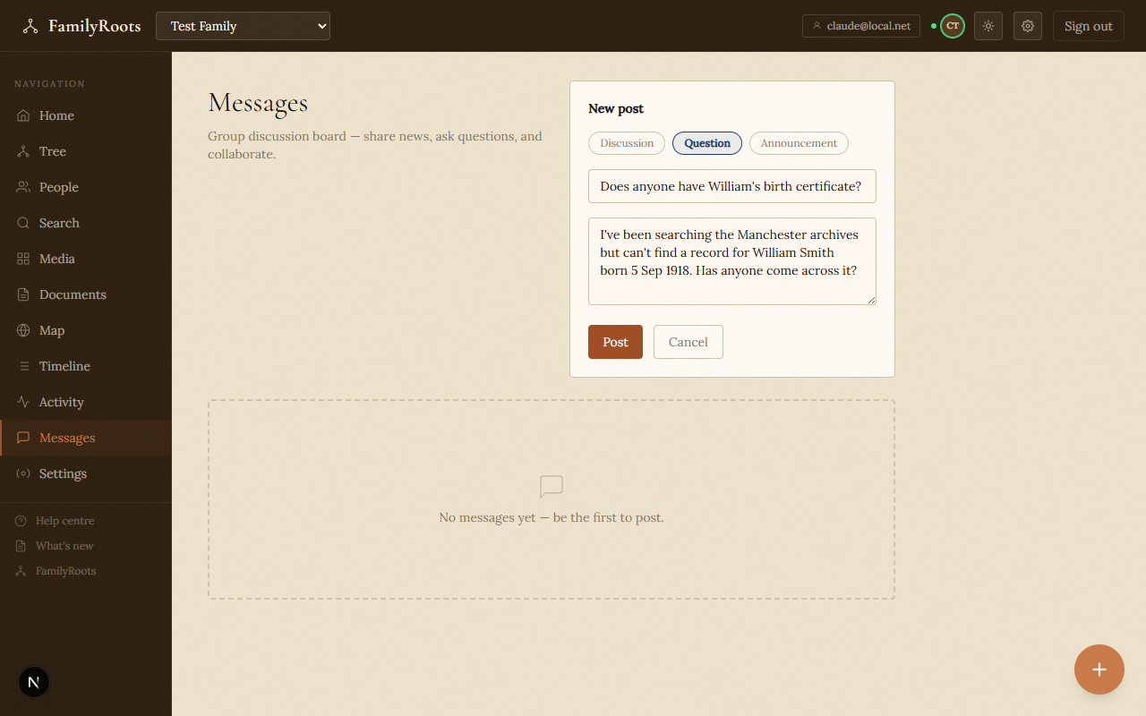 The new post form with category selector, title, and message body fields.